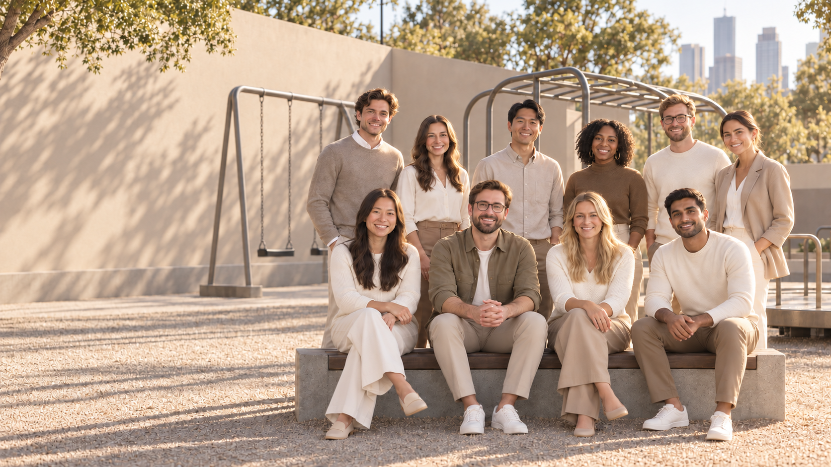 The Look Closely Marketing team gathered for a photograph at an urban playground, with swings behind them.