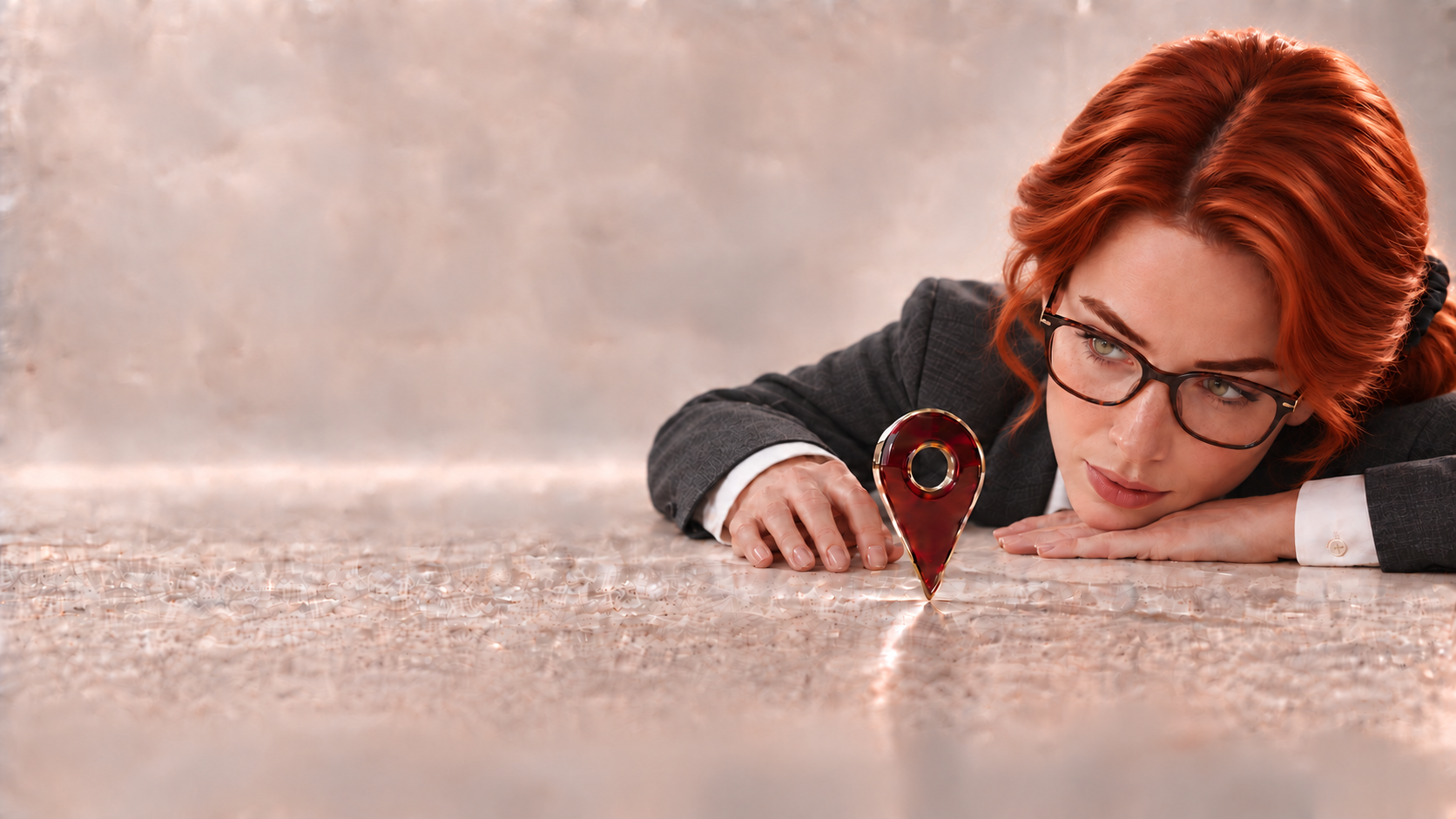 A businesswoman in glasses and a tailored suit looking closely at a red location pin.