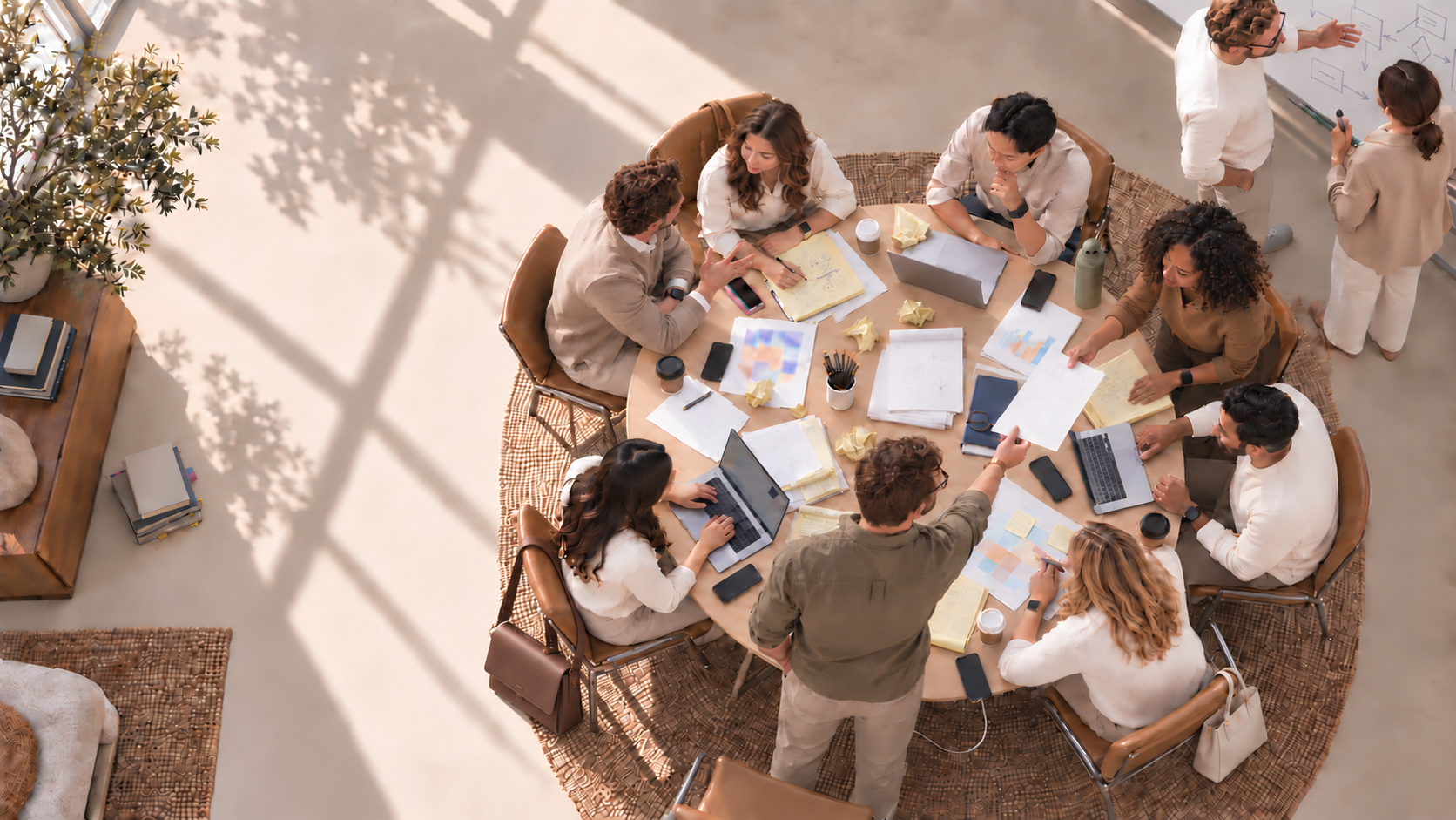 A team working around a round table, with handbags on a few chair backs and two people sketching a process on a whiteboard.
