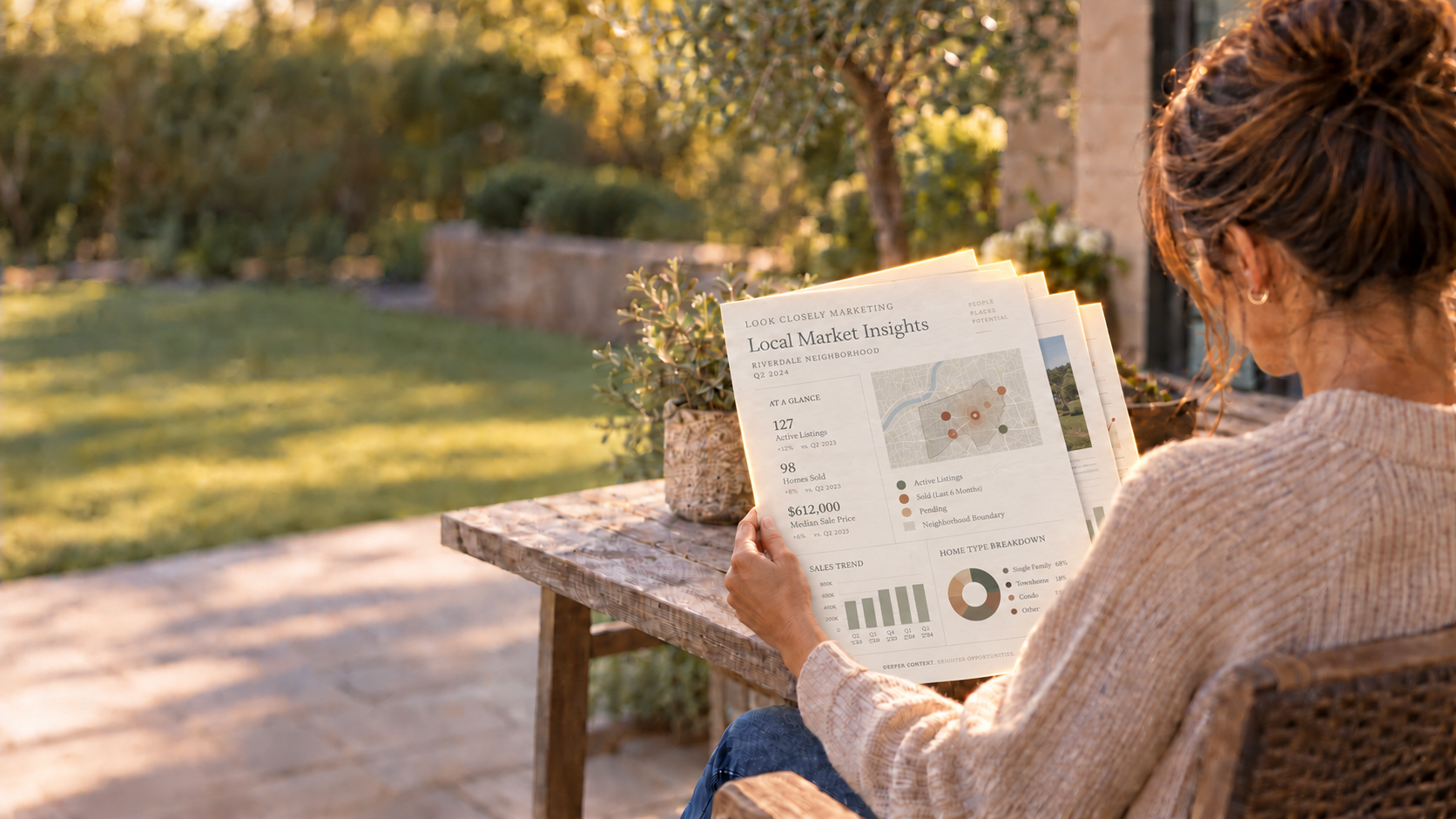 A business owner reviewing a Look Closely Marketing local-market visibility report in her backyard.