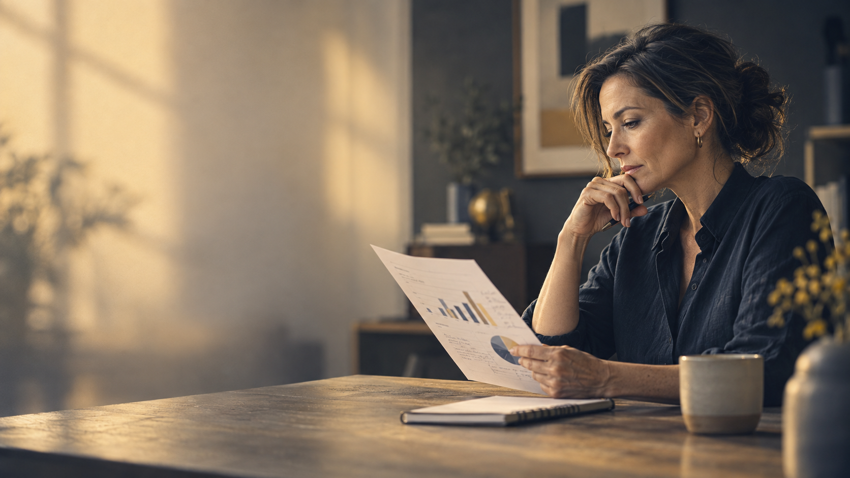 A business owner thoughtfully reviewing a report at her desk.