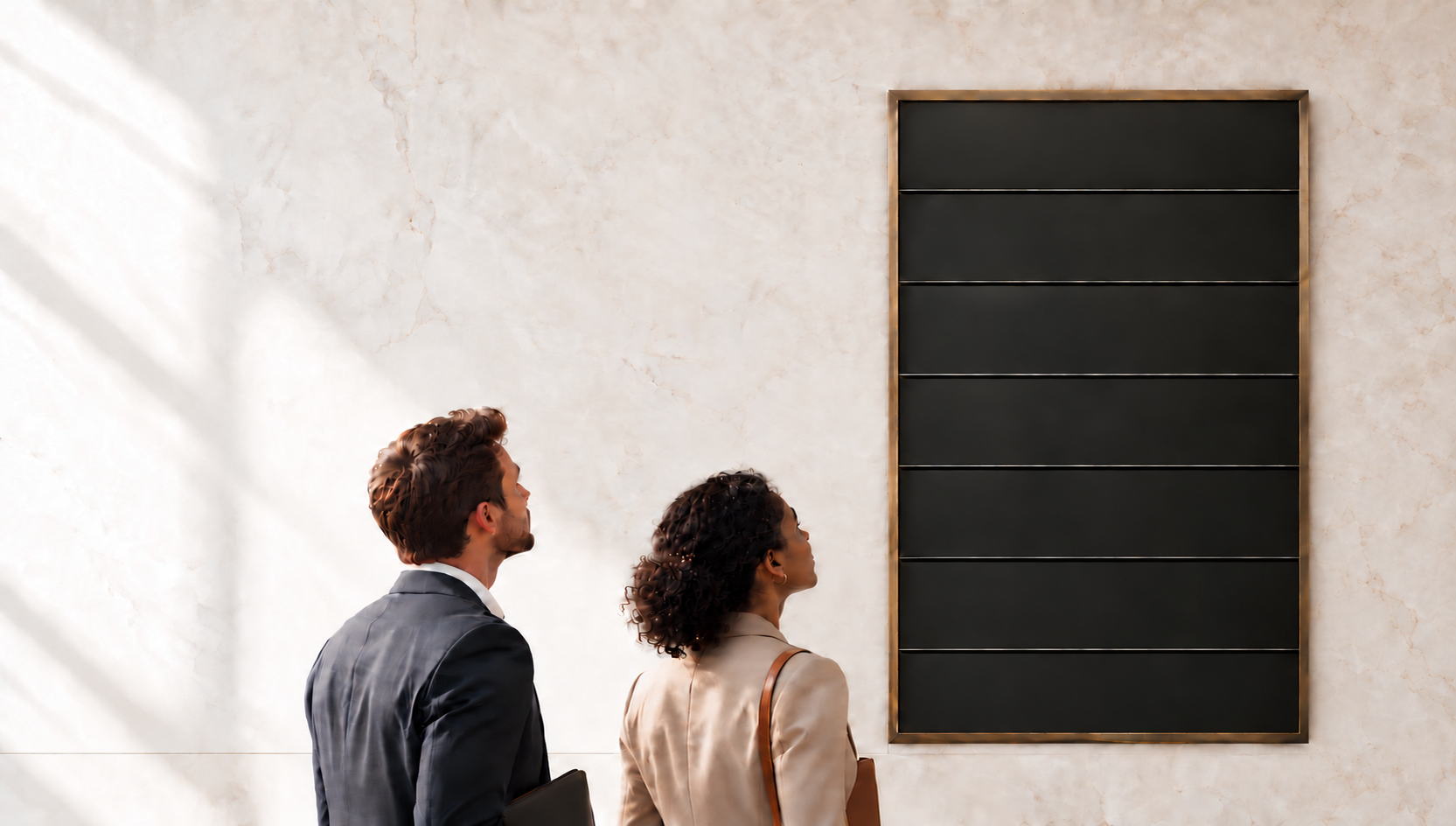 Two business people studying a black-and-brass directory set into a pale marble wall.
