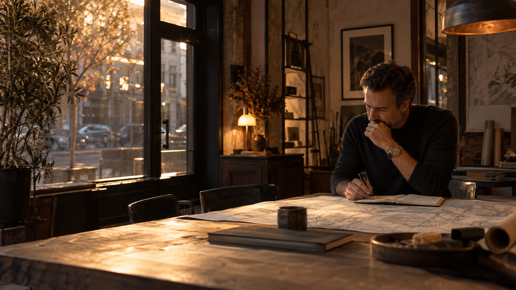 A business owner studying a map and notebook at a worktable.